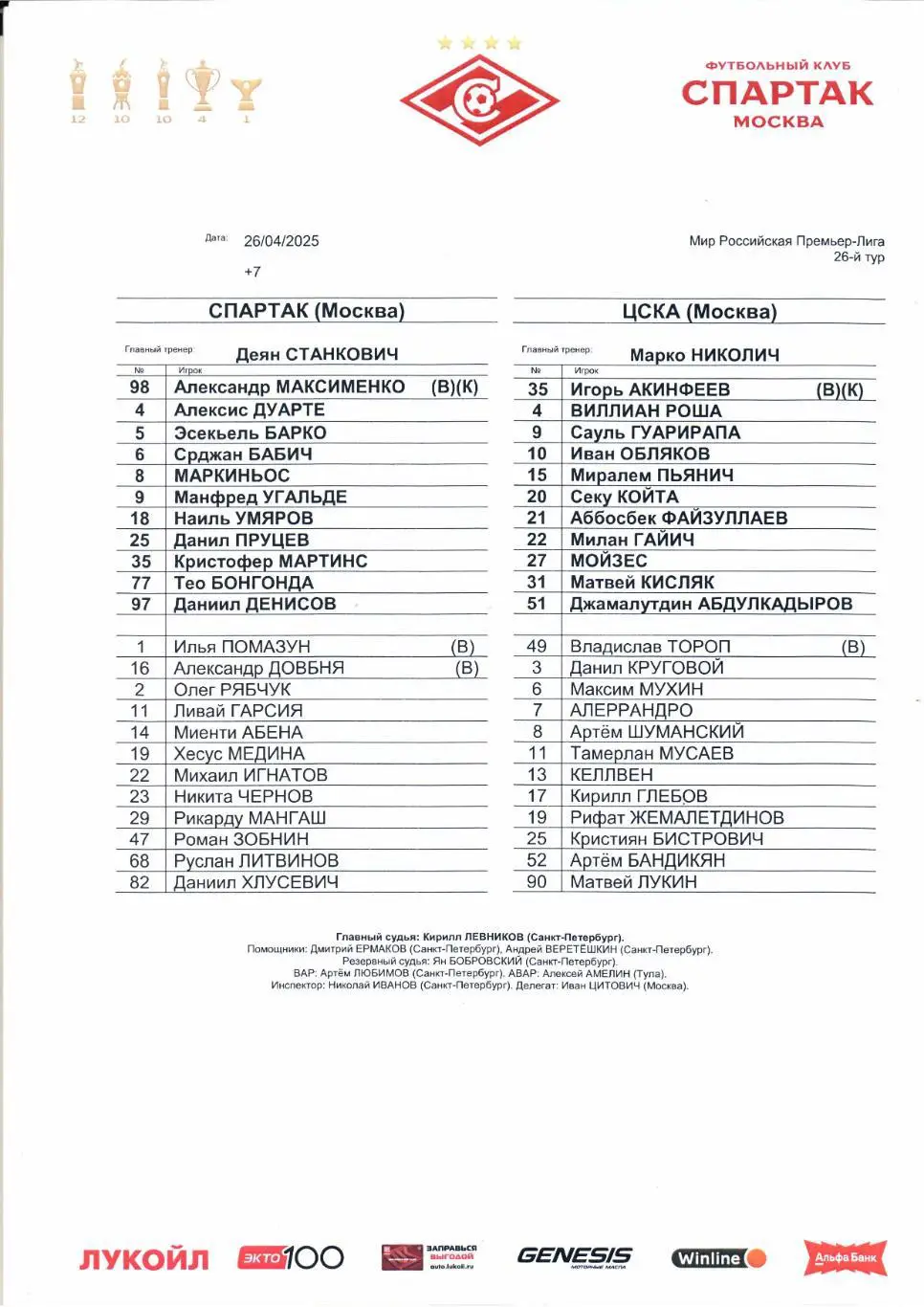 Премьер-лига Спартак(Москва)-ЦСКА(Москва)26.04.2025+Старт.лист 2