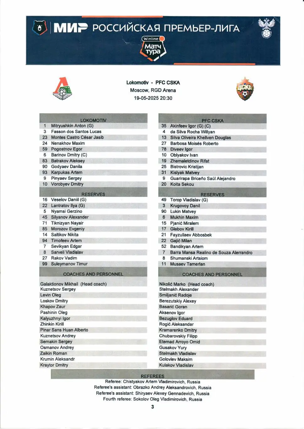 Премьер-лига Локомотив(Москва)-ЦСКА(Москва)19.05.2025+Старт.лист 3
