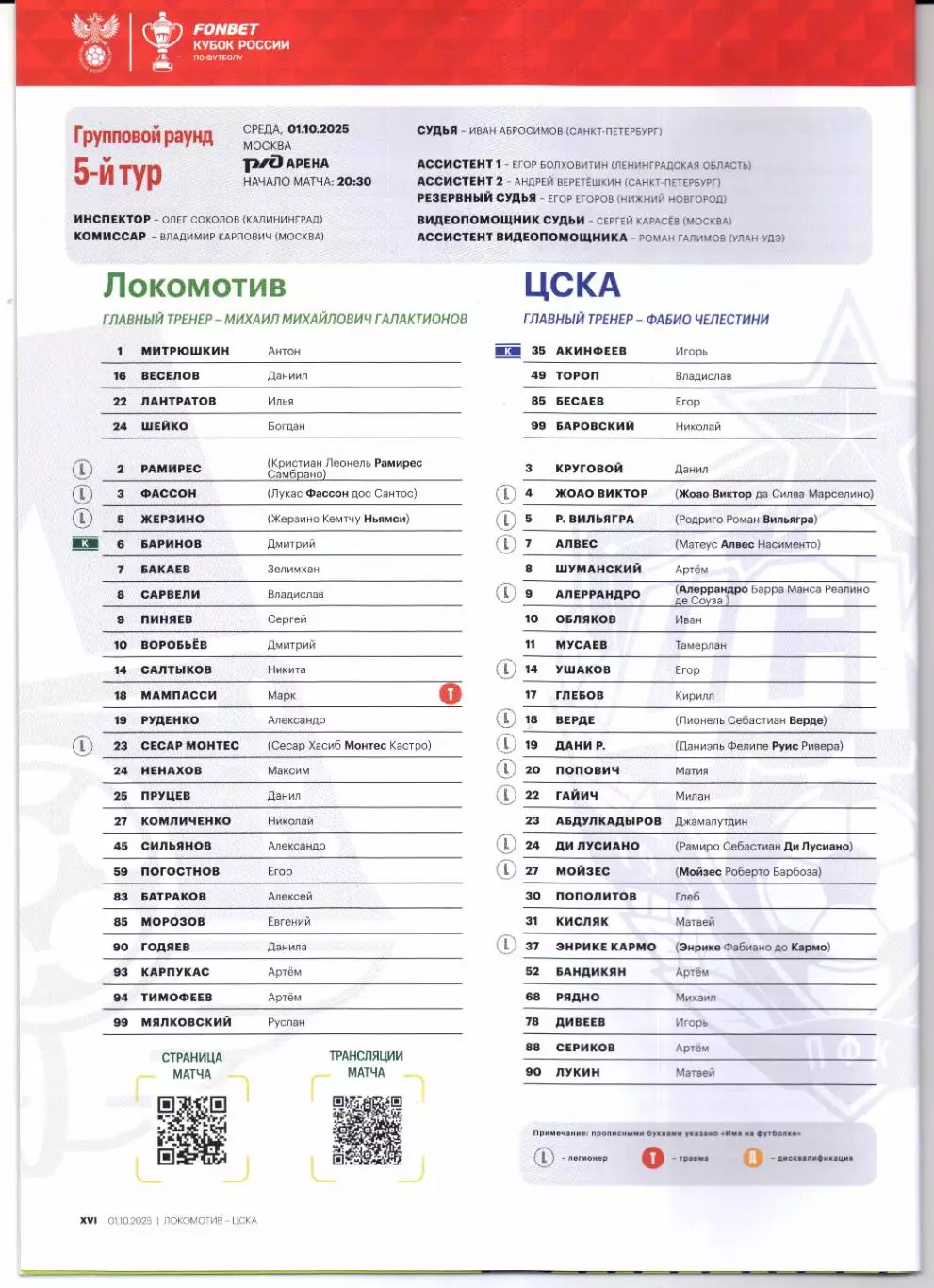Кубок России Локомотив(Москва)-ЦСКА(Москва)01.10.2025+Старт.лист 3