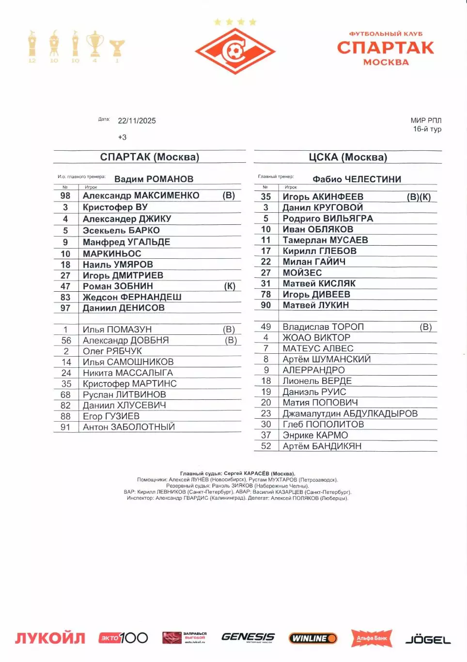 Премьер-лига Спартак(Москва)-ЦСКА(Москва)22.11.2025+Стартлист 2