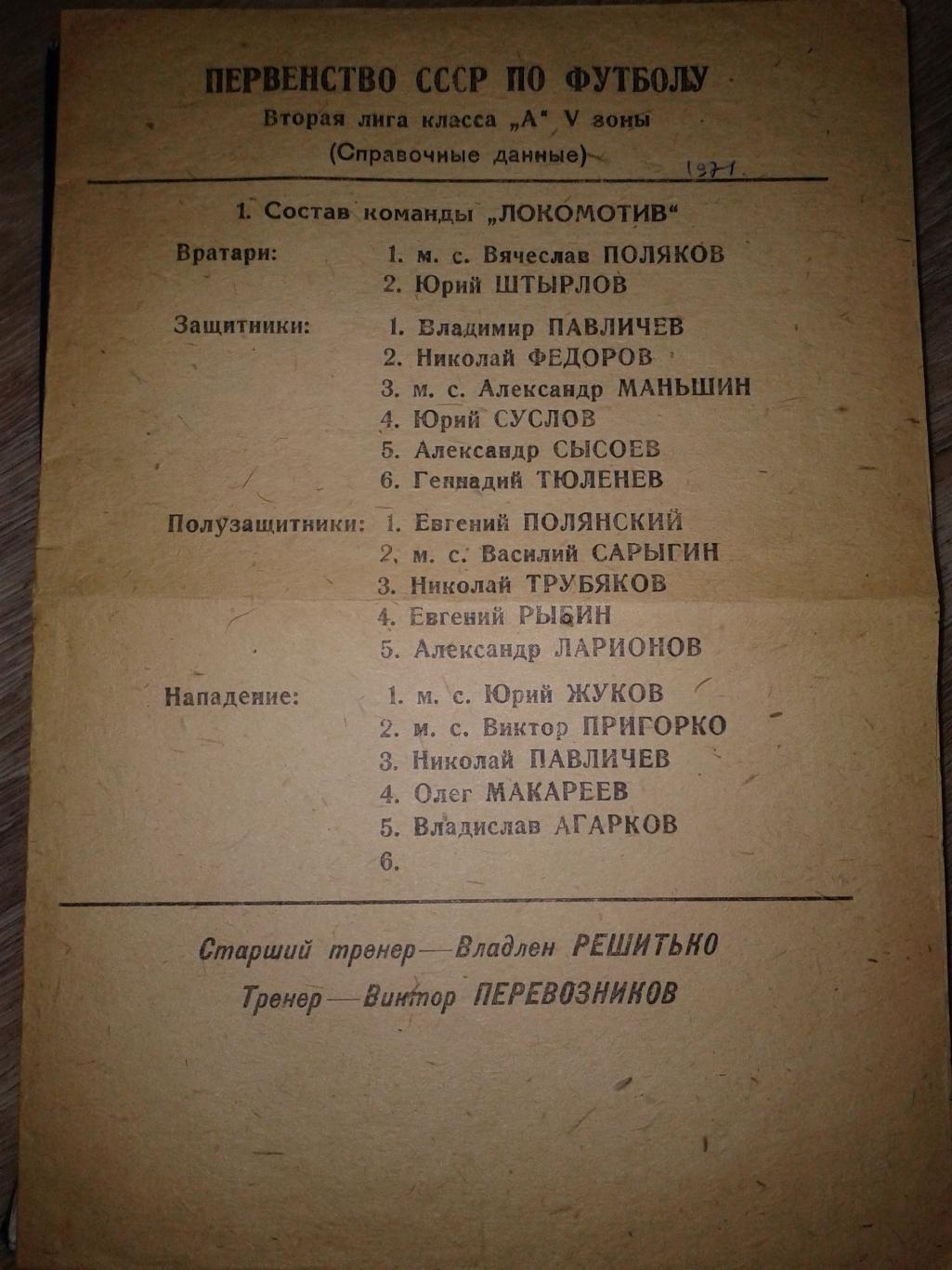 1971 Локомотив Оренбург программа сезона