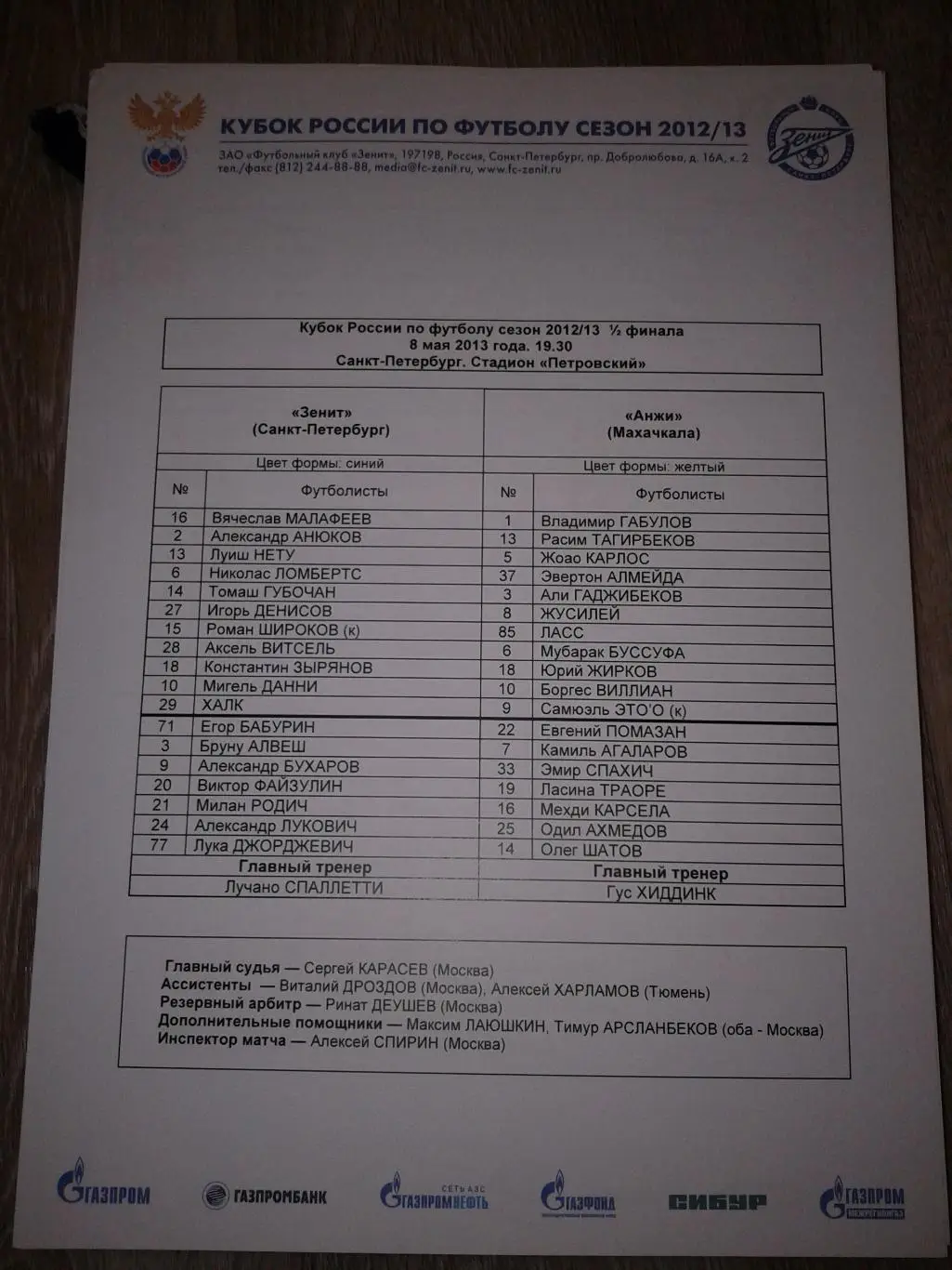 Зенит Санкт-Петербург-Анжи Махачкала 8.5.2013 Стартовый протокол
