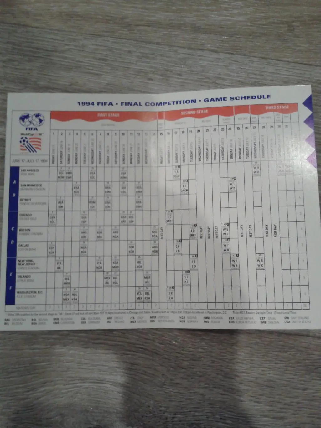 1994 Чемпионат Мира США мини буклет расписание игр 1