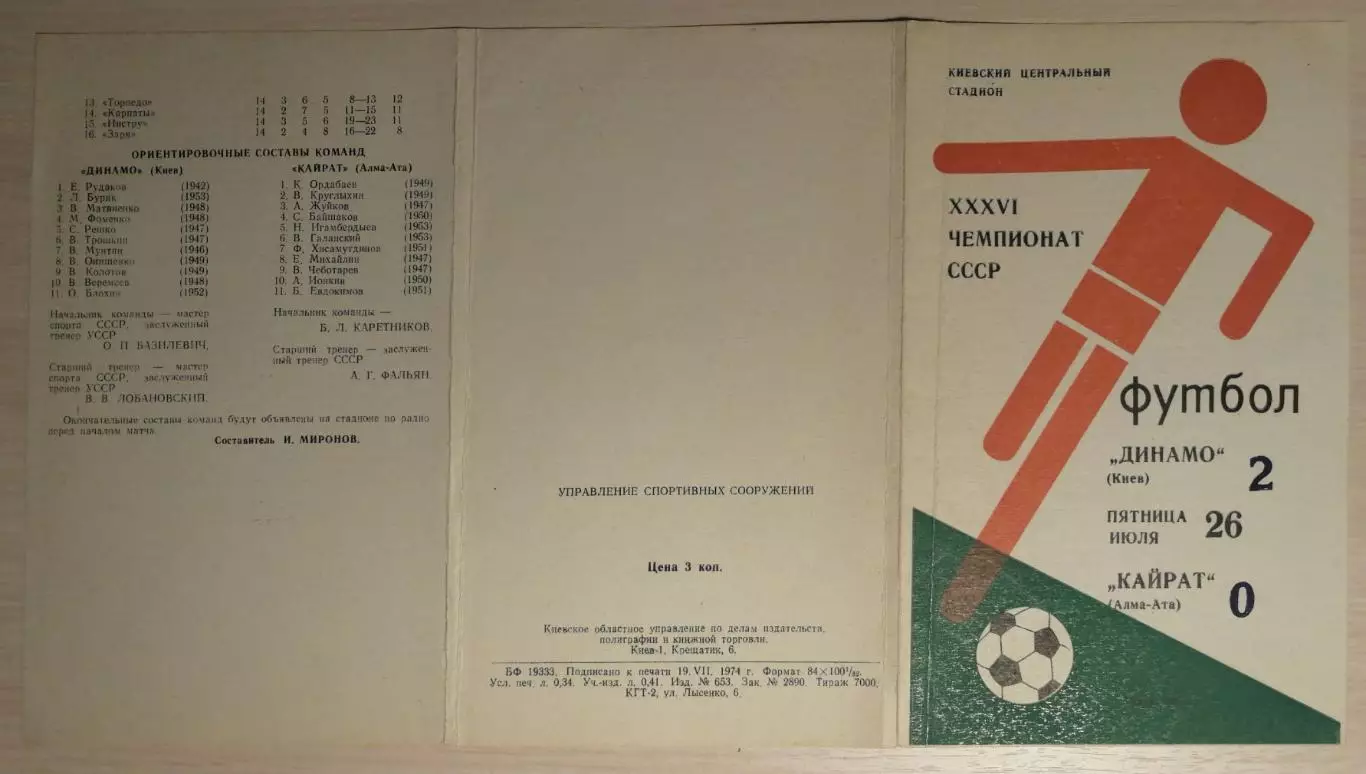 Чемпионат СССР-1974. Динамо Киев - Кайрат. 26.07.1974