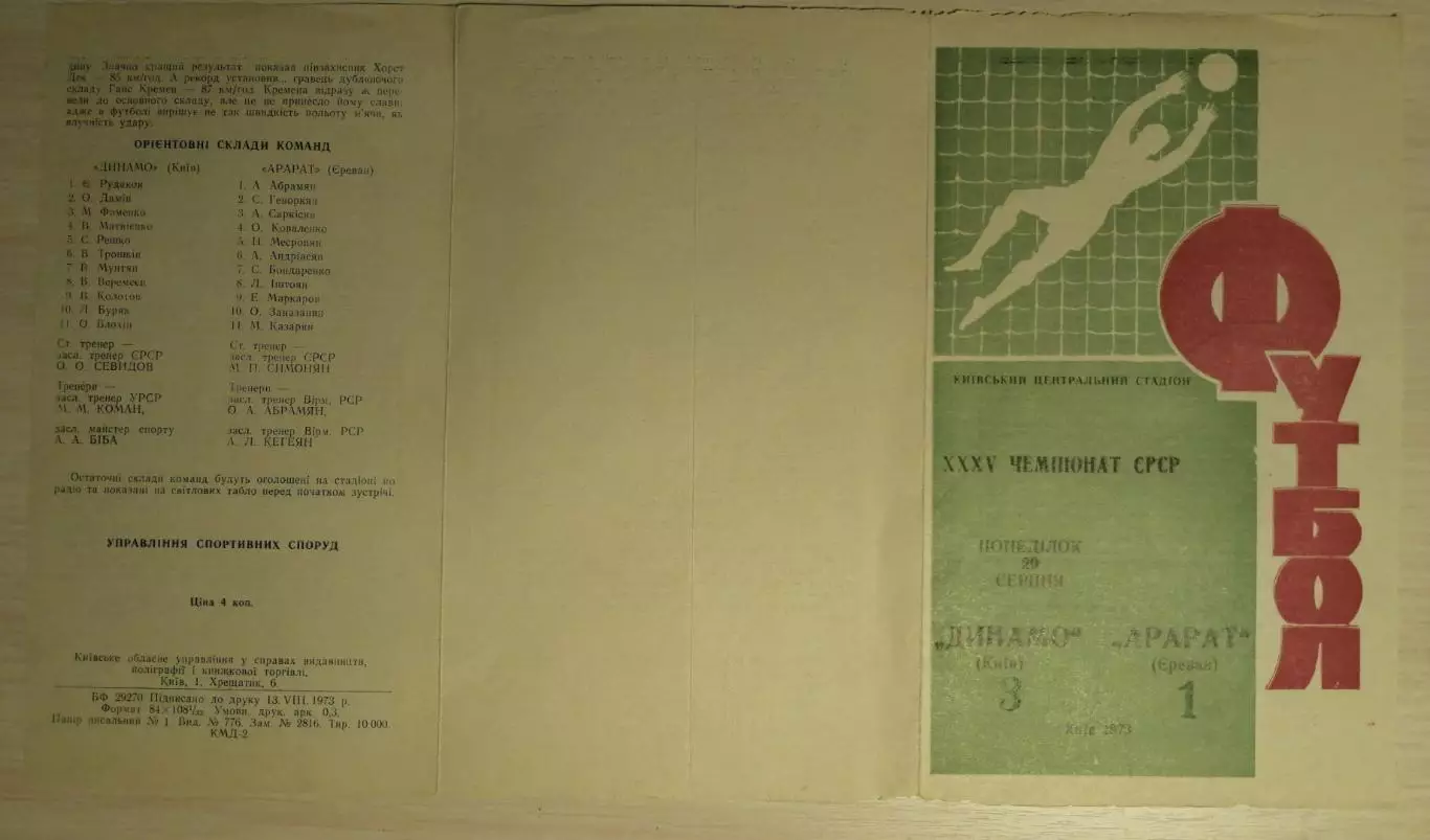 Чемпионат СССР-1973. Динамо Киев - Арарат 20.08.1973
