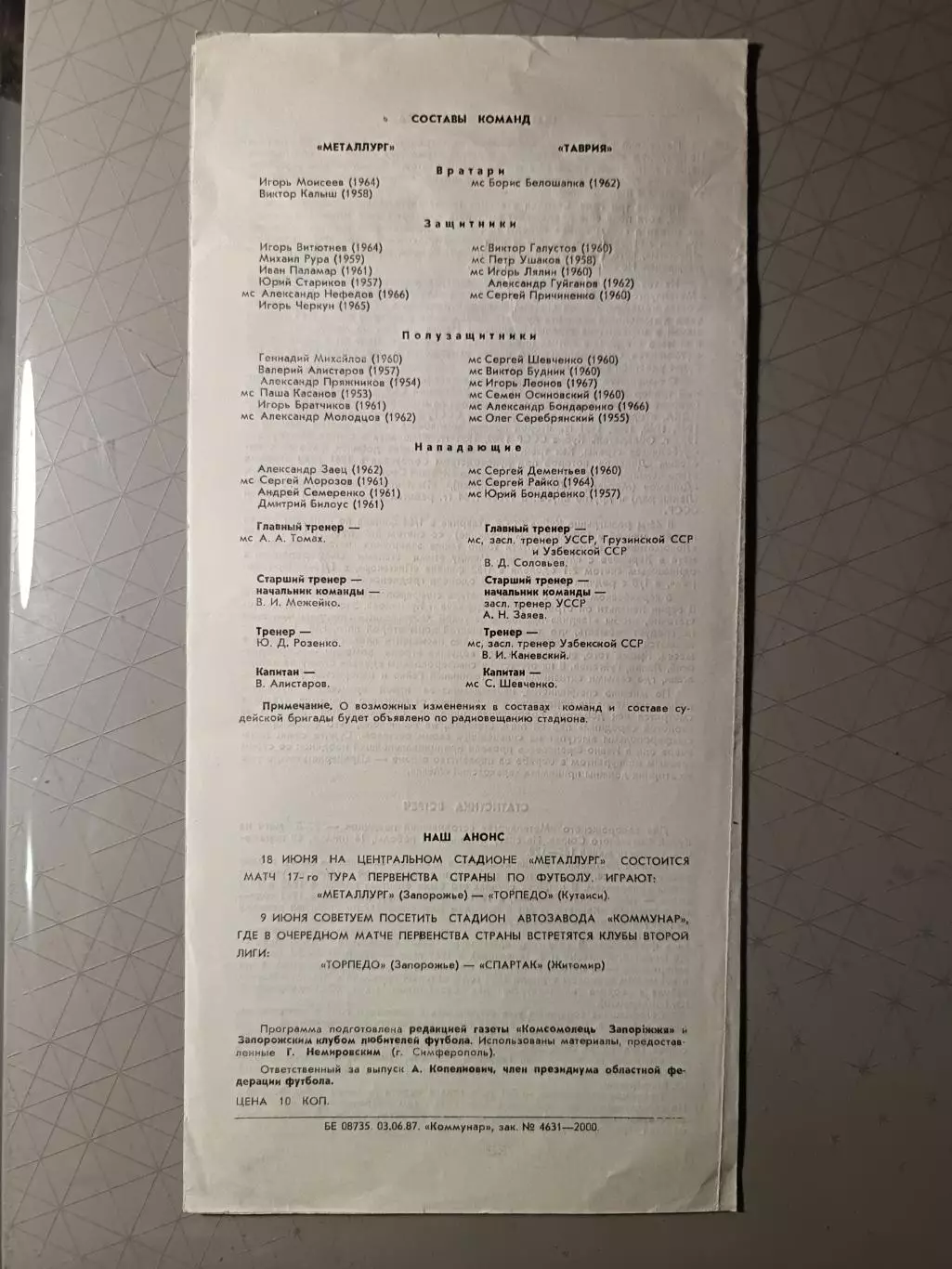 Кубок СССР-1987/88. Металлург Запорожье - Таврия (6.06.1987) 2