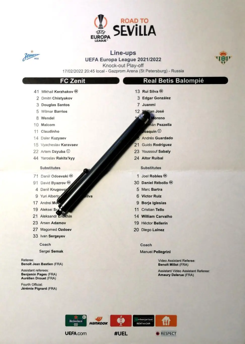 Стартлист UEFA. Лига Европы-2021/22. Зенит Бетис 17.02.2022