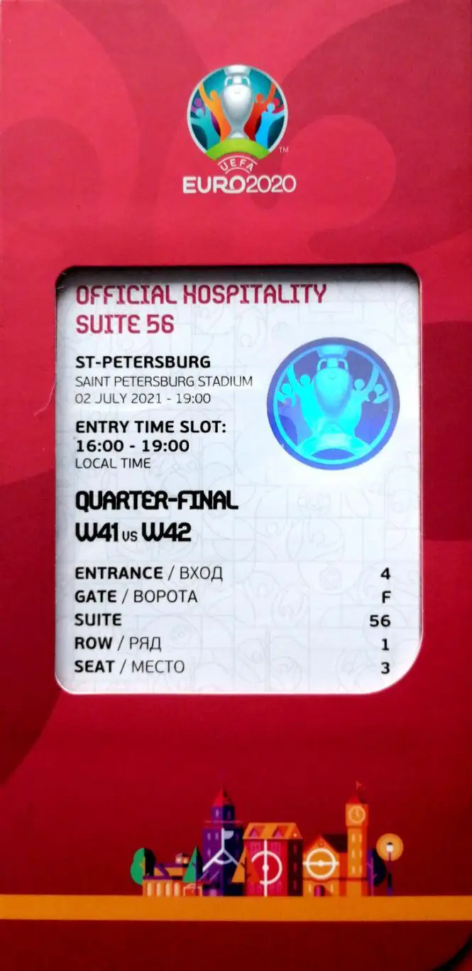 Билет (в конверте). Евро-2020. Испания - Швейцария 2.07.2021 3