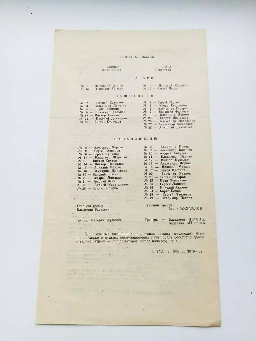 Химик Воскресенск - СКА Ленинград 23 октября 1982 2