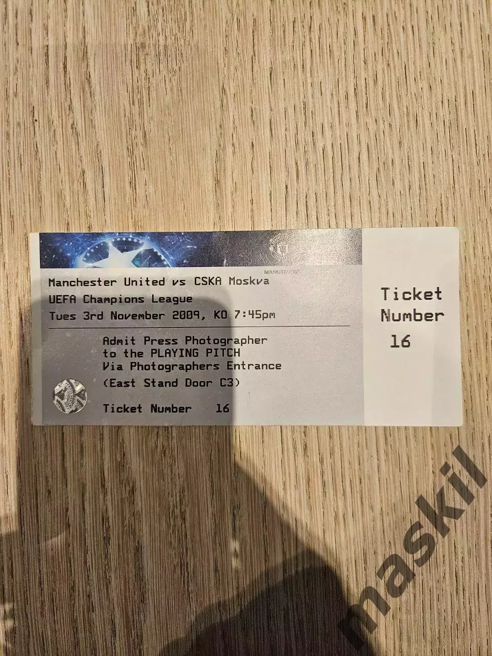 03.11.2009 Манчестер Юнайтед - ЦСКА Москва Лига Чемпионов билет