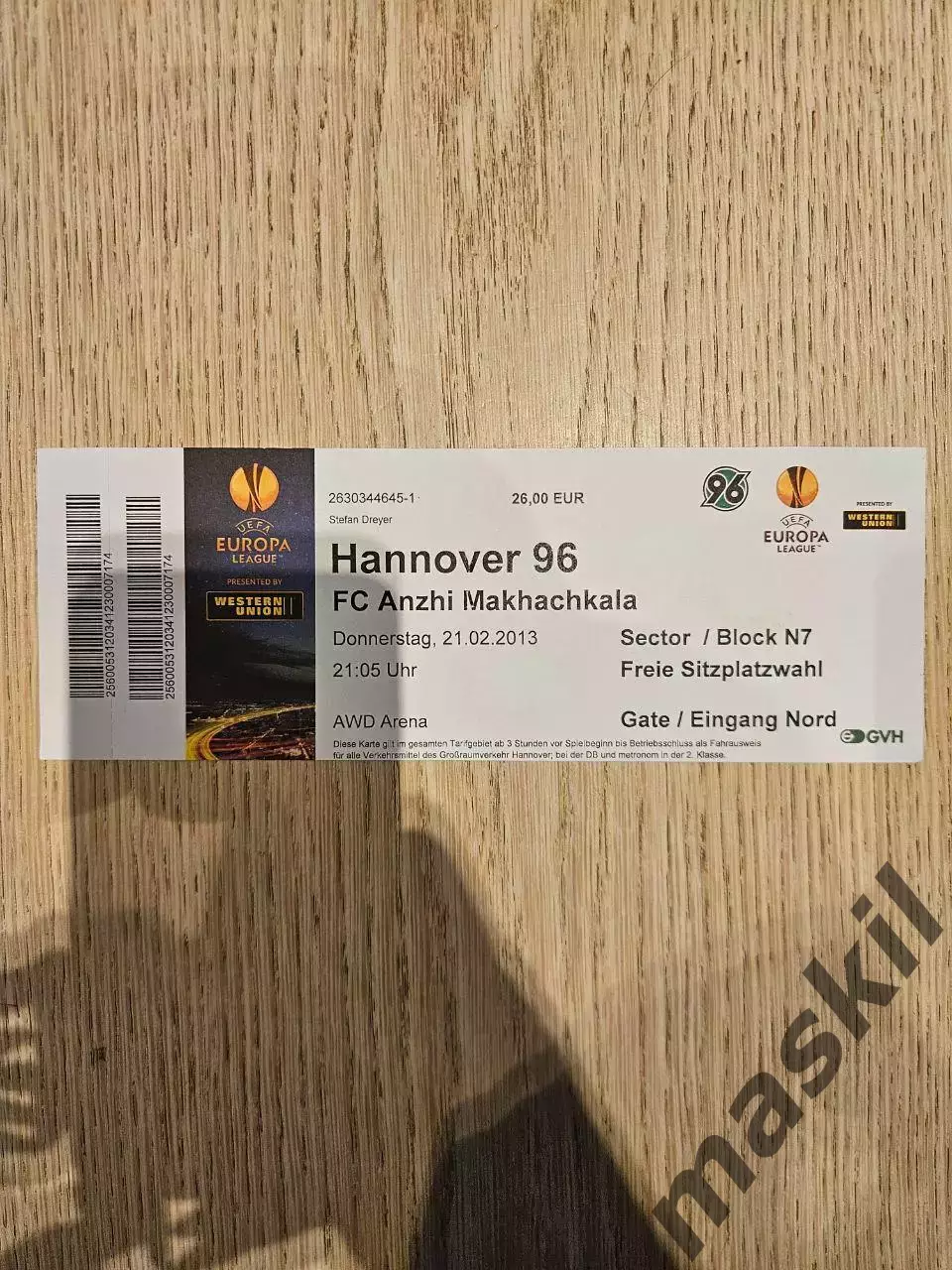 21.02.2013 Ганновер 96 - Анжи Махачкала Лига Европы билет