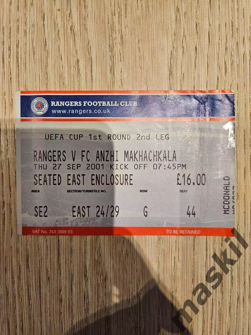 27.09.2001 Рейнджерс Глазго - Анжи Махачкала Кубок УЕФА (не состоялся) билет