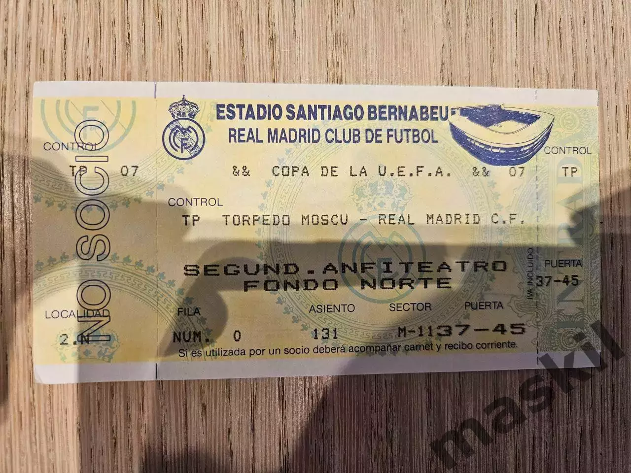 21.10.1992 Реал Мадрид - Торпедо Москва Кубок УЕФА билет