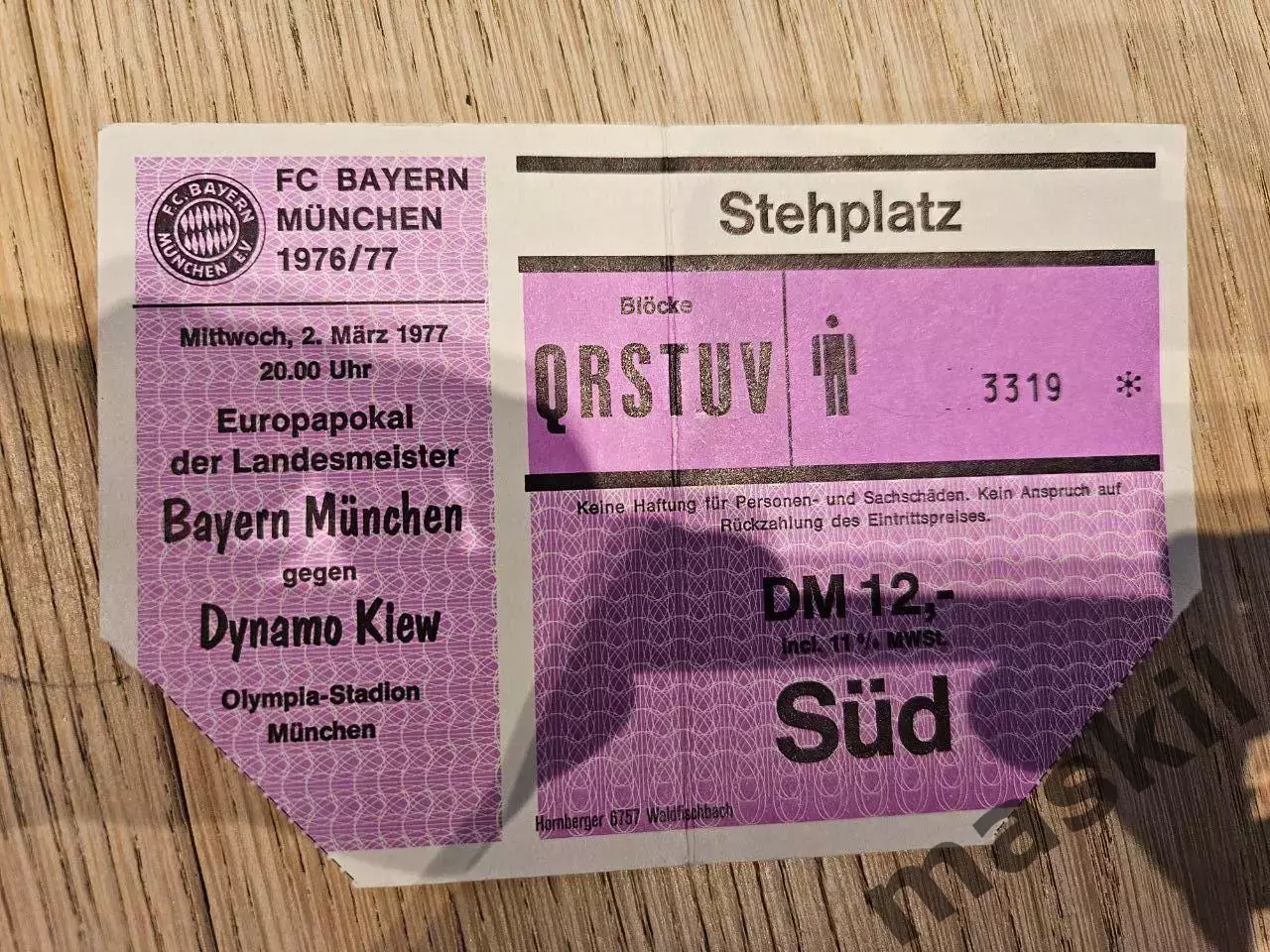 02.03.1977 Бавария Мюнхен - Динамо Киев билет Кубок чемпионов #2