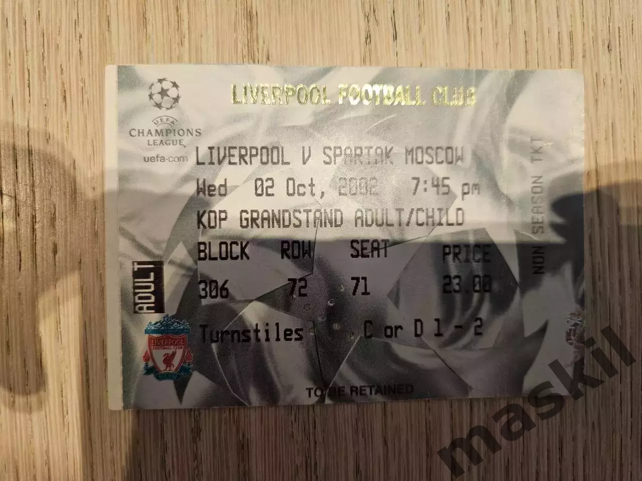 02.10.2002 Ливерпуль - Спартак Москва билет