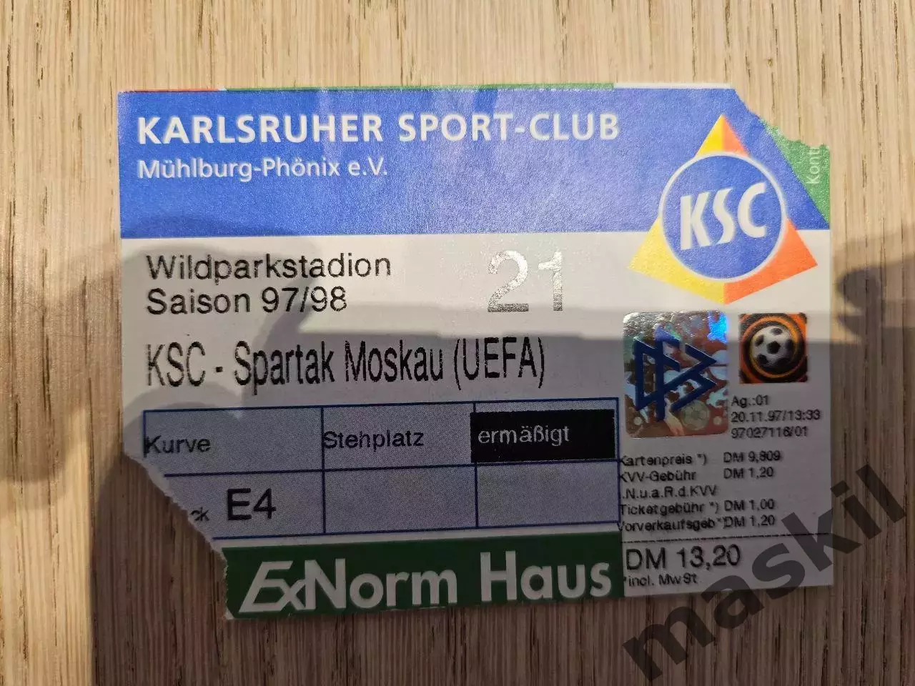 25.11.1997 Карлсруэ - Спартак Москва билет #2