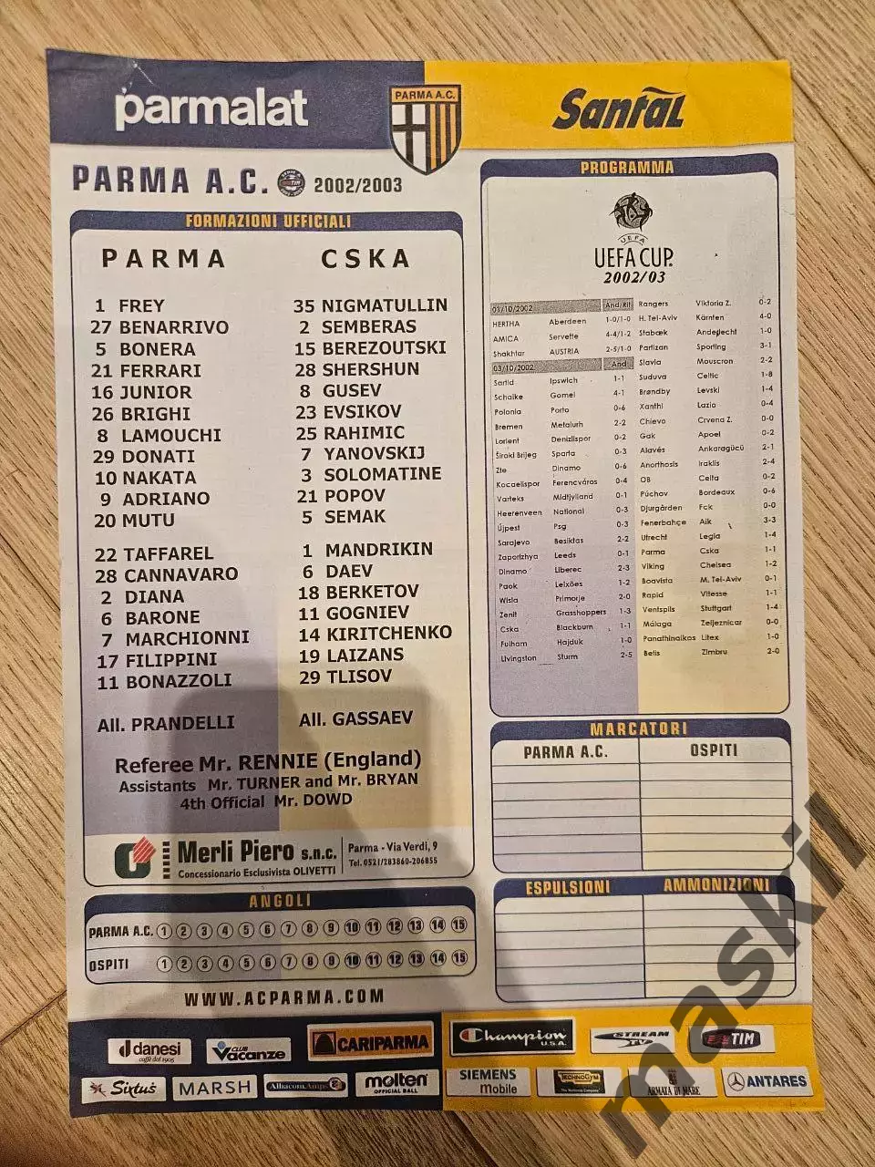 03.10.2002 - Парма - ЦСКА Москва Протокол