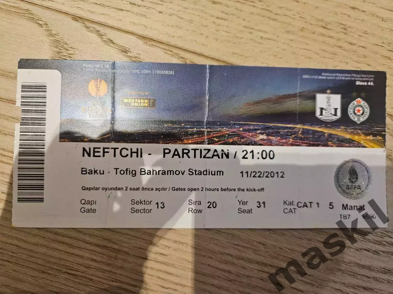 22.11.2012 Нефтчи Баку - Партизан Белград Билет 2