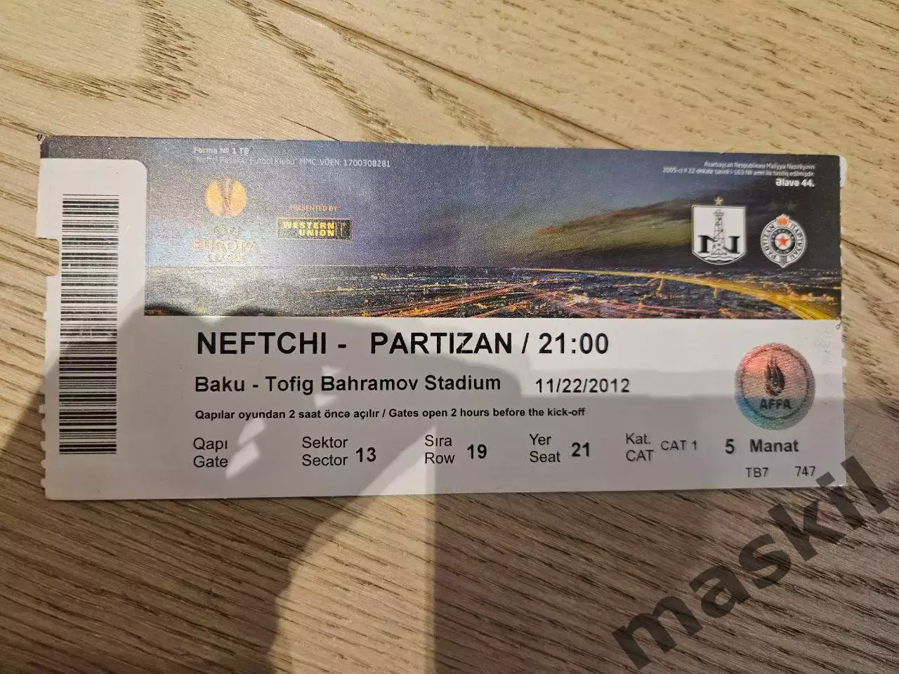 22.11.2012 Нефтчи Баку - Партизан Белград Билет 5