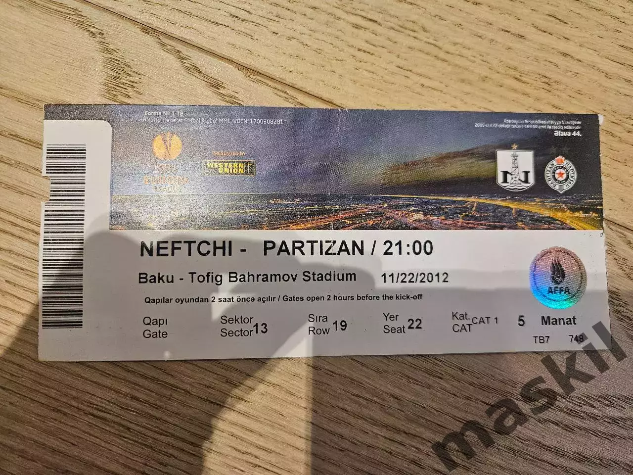 22.11.2012 Нефтчи Баку - Партизан Белград Билет 6
