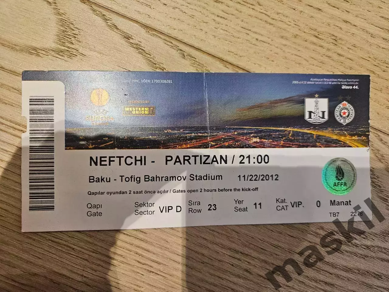 22.11.2012 Нефтчи Баку - Партизан Белград Билет 2