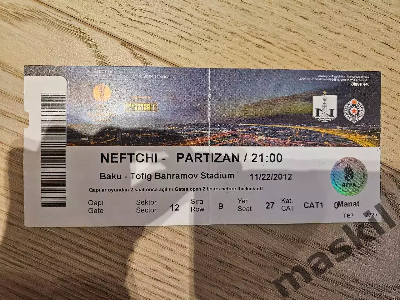 22.11.2012 Нефтчи Баку - Партизан Белград Билет 2 1