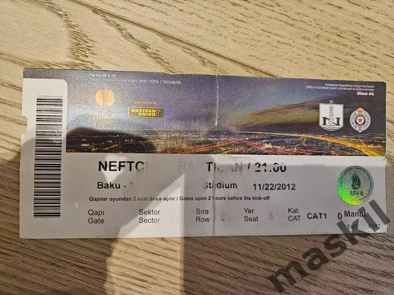22.11.2012 Нефтчи Баку - Партизан Белград Билет 2 3