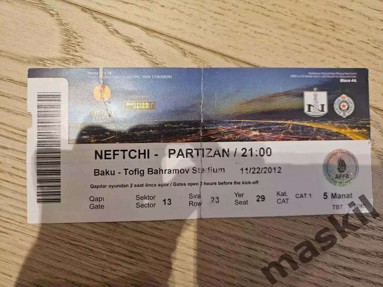 22.11.2012 Нефтчи Баку - Партизан Белград Билет 2 4