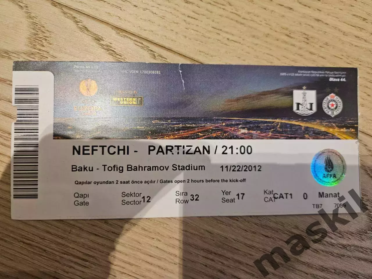 22.11.2012 Нефтчи Баку - Партизан Белград Билет 2 6