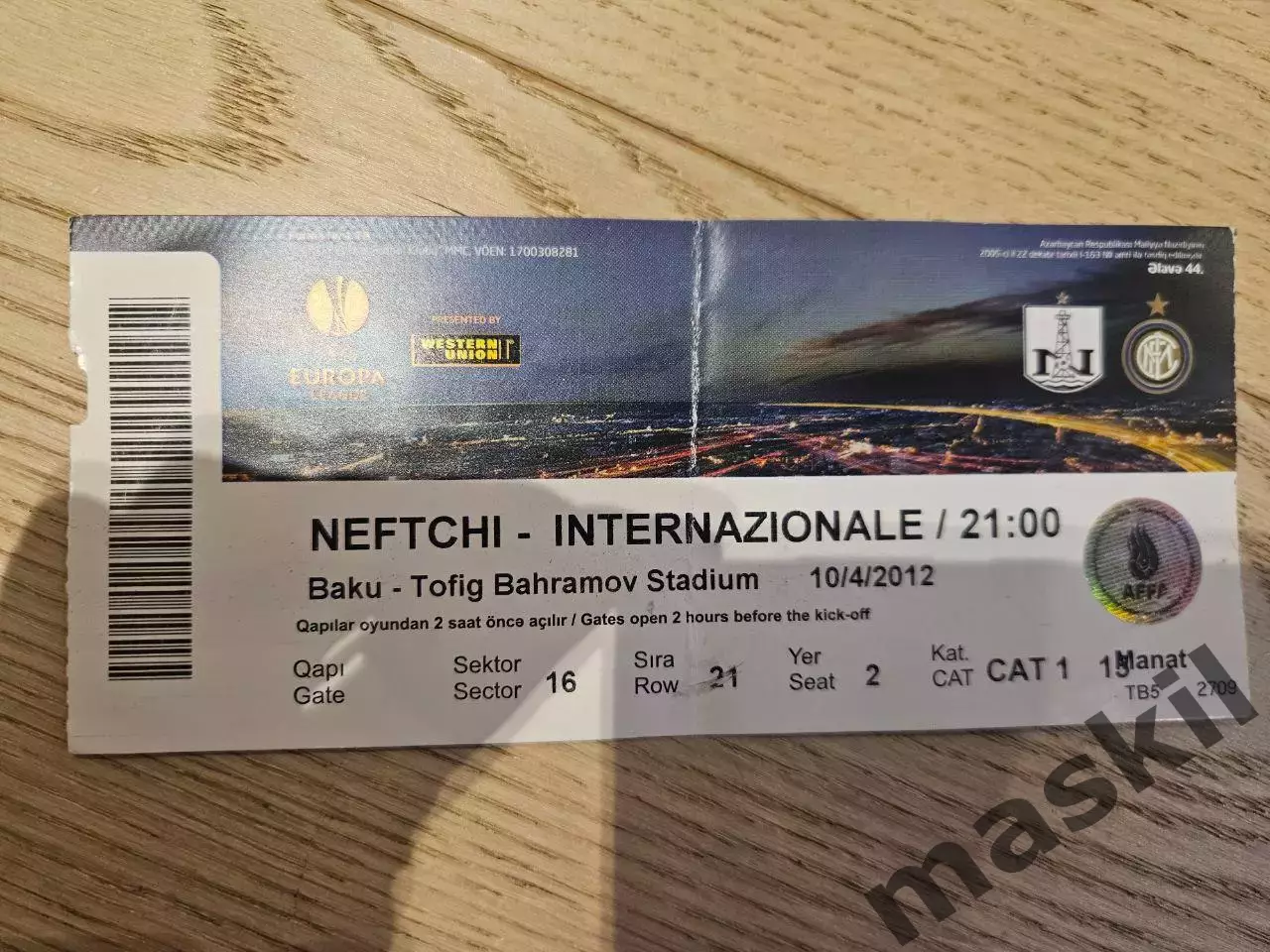 04.10.2012 Нефтчи Баку - Интернационале Милан Билет 2 1