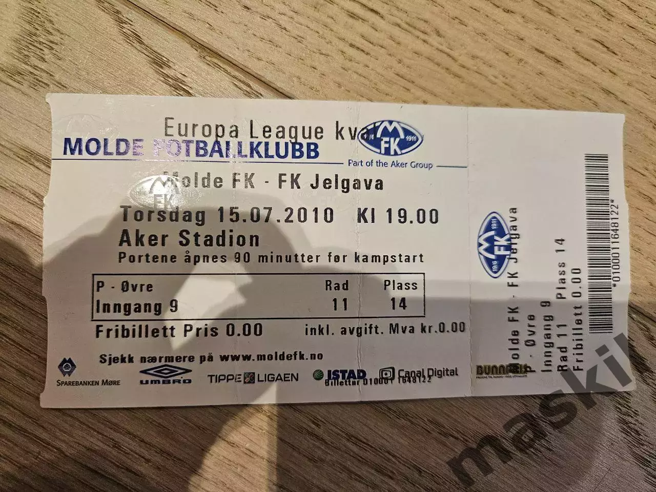 15.07.2010 Мольде - Елгава Билет