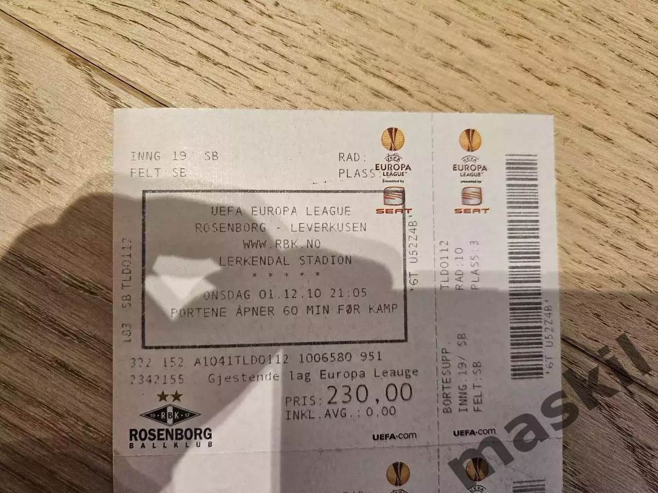 01.12.2010 Русенборг Тронхейм - Байер Леверкузен Билет 1