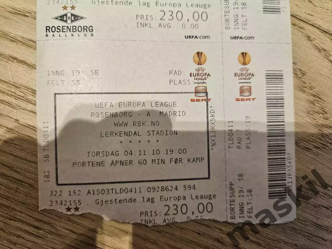 04.11.2010 Русенборг Тронхейм - Атлетико Мадрид Билет