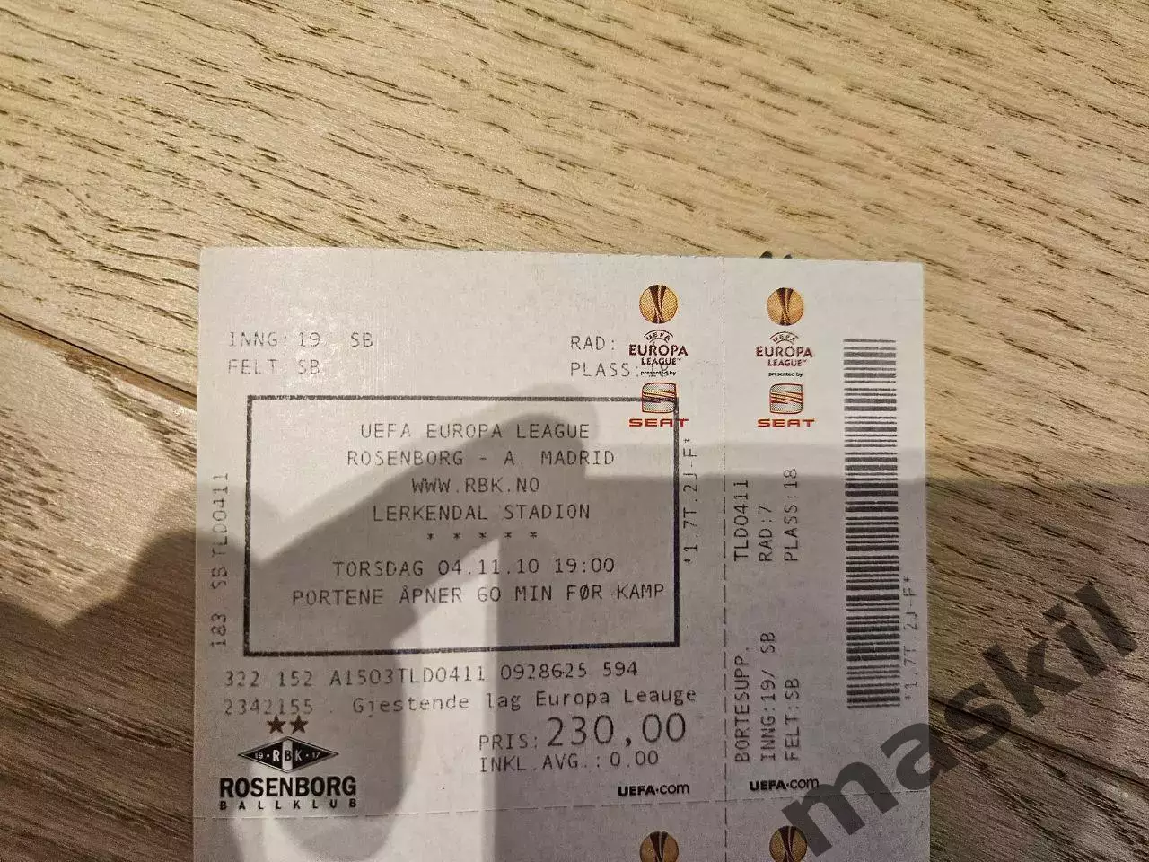 04.11.2010 Русенборг Тронхейм - Атлетико Мадрид Билет 1