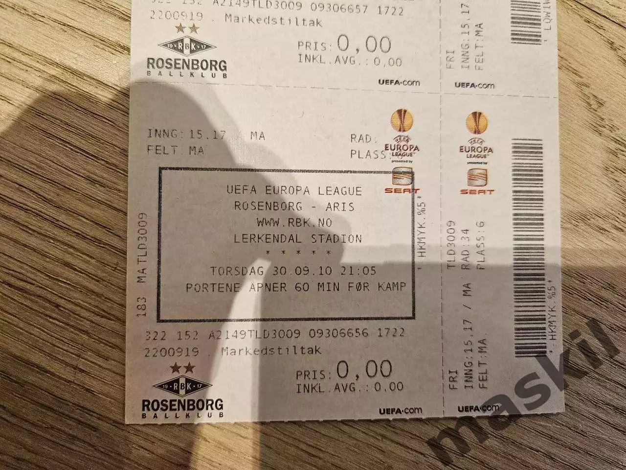 30.09.2010 Русенборг Тронхейм - Арис Билет 1