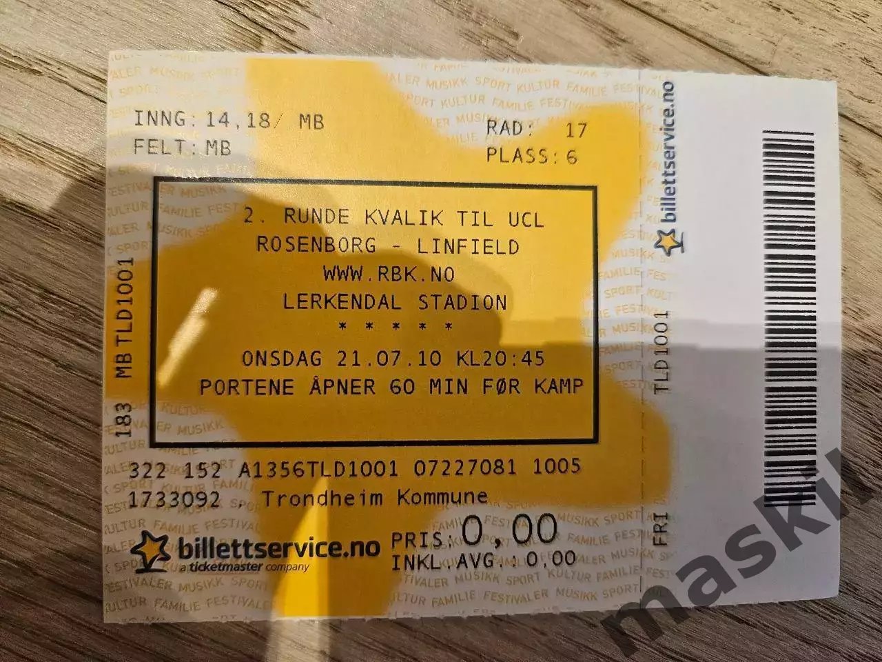 21.07.2010 Русенборг Тронхейм - Линфилд Билет