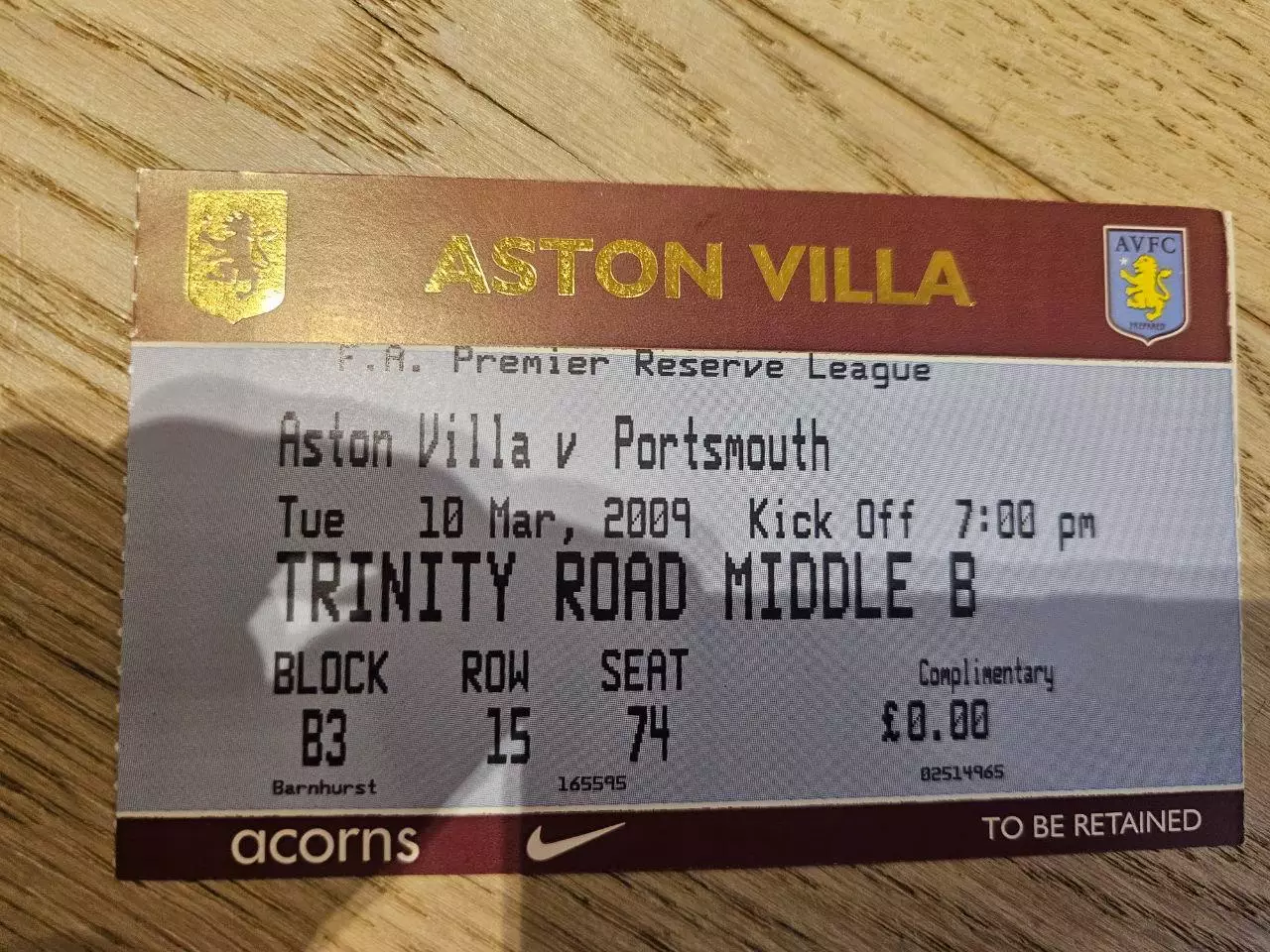 10.03.2009 Астон Вилла Бирминген - Портсмут Билет