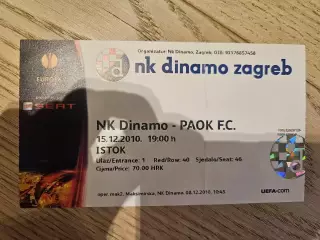 15.12.2010 Динамо Загреб - ПАОК Билет
