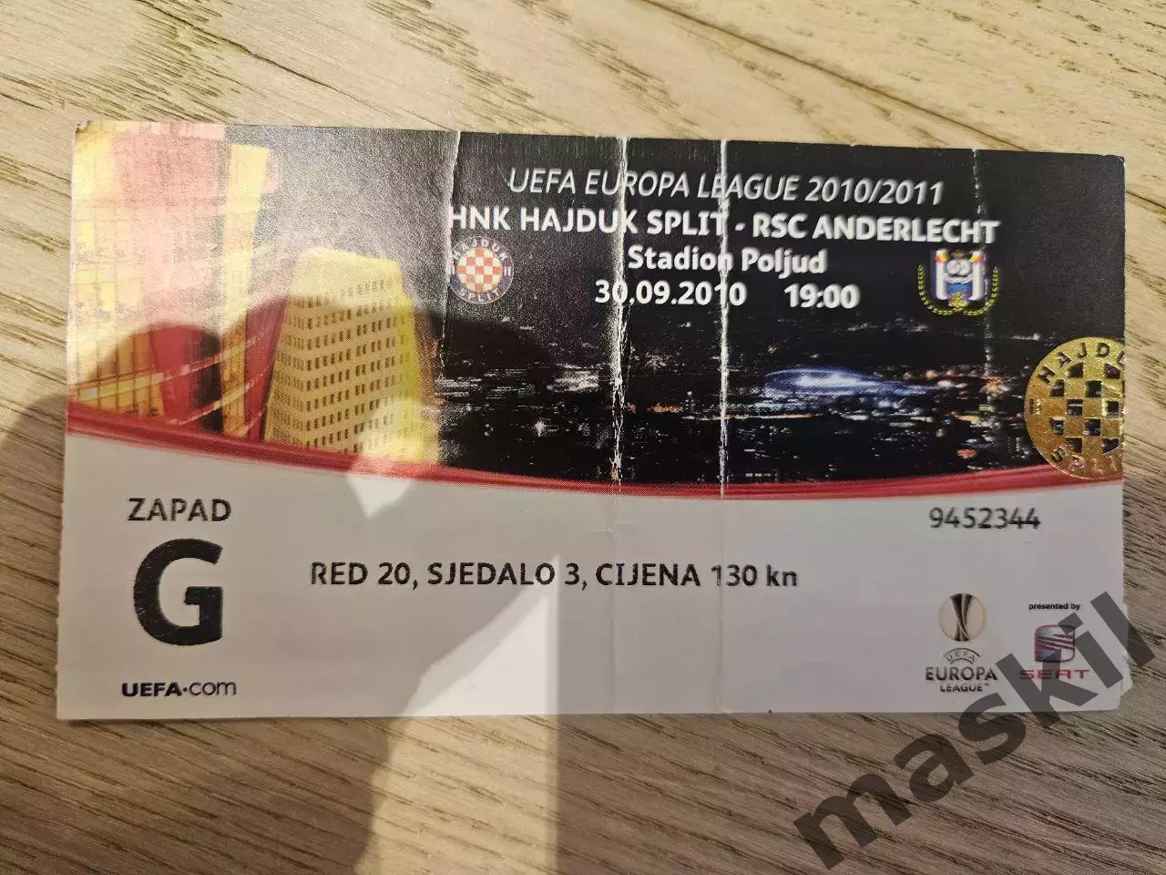 30.09.2010 Хайдук Сплит - Андерлехт Брюссель Билет