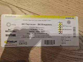 01.08.2021 Партизан Белград - Вождовац Билет