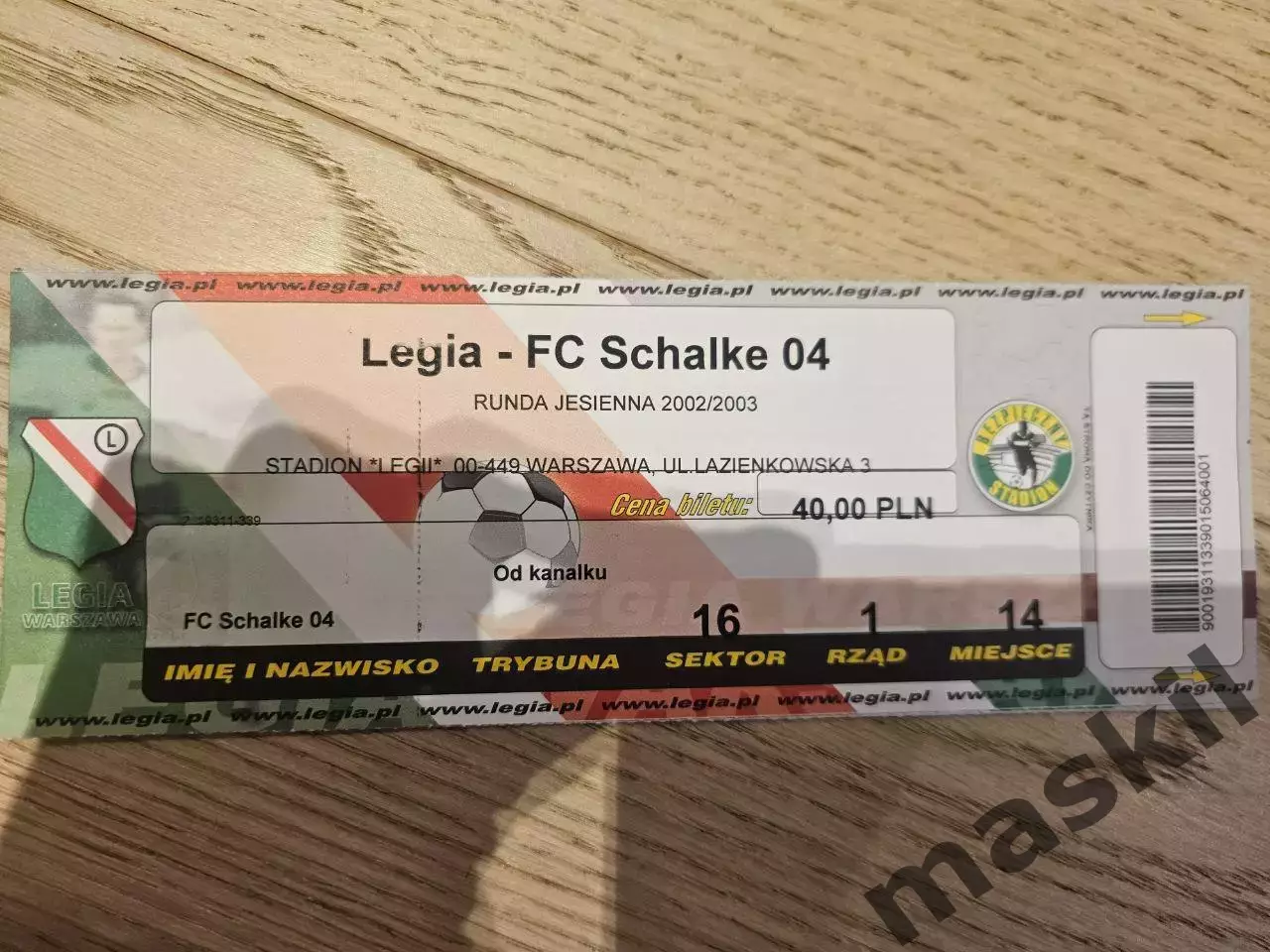 29.10.2002 Легия Варшава - Шальке 04 Билет 1