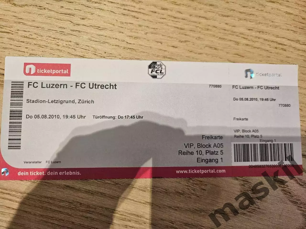 05.08.2010 Люцерн - Утрехт Билет