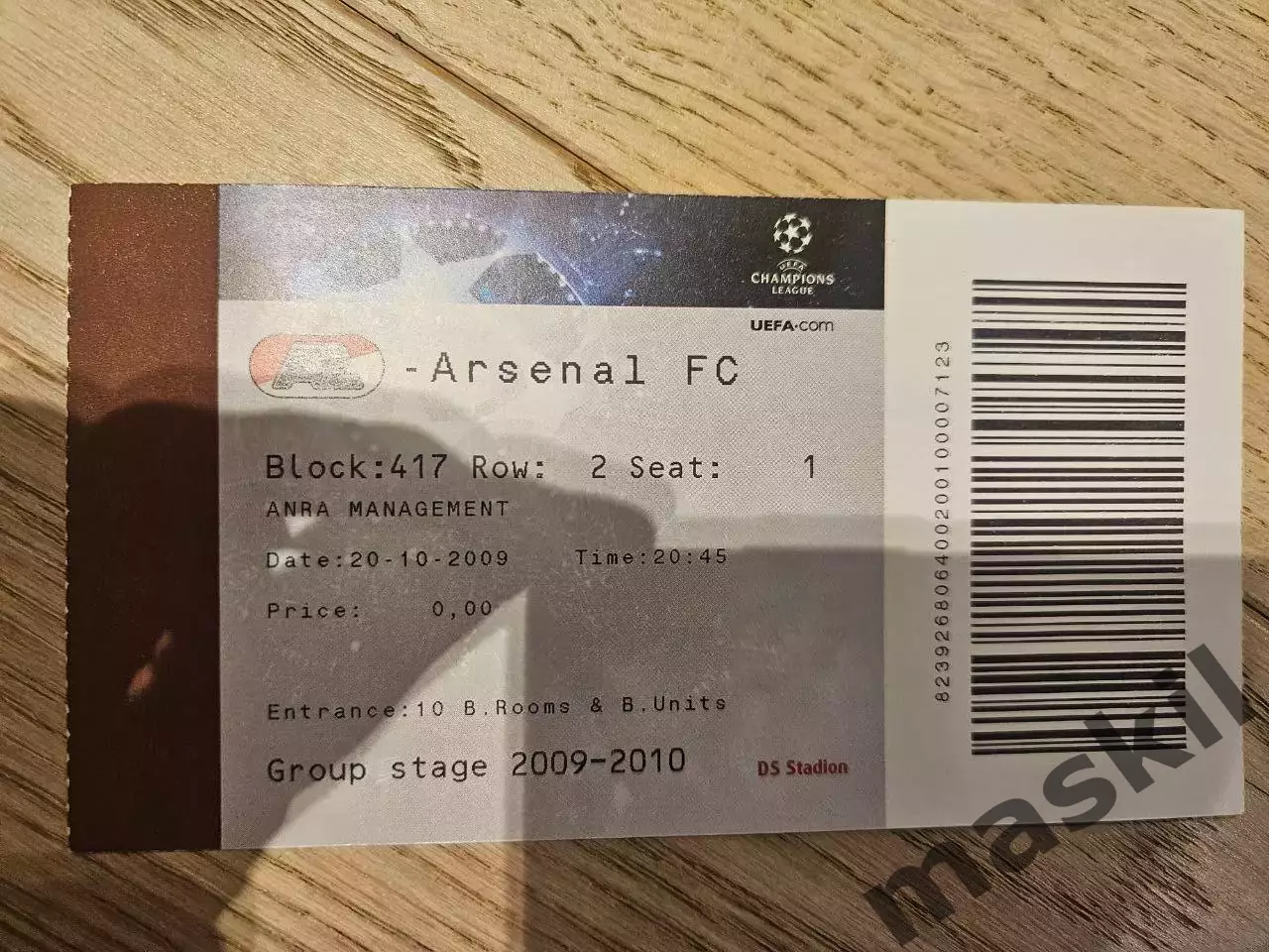 20.10.2009 АЗ Алкмаар - Арсенал Лондон Билет