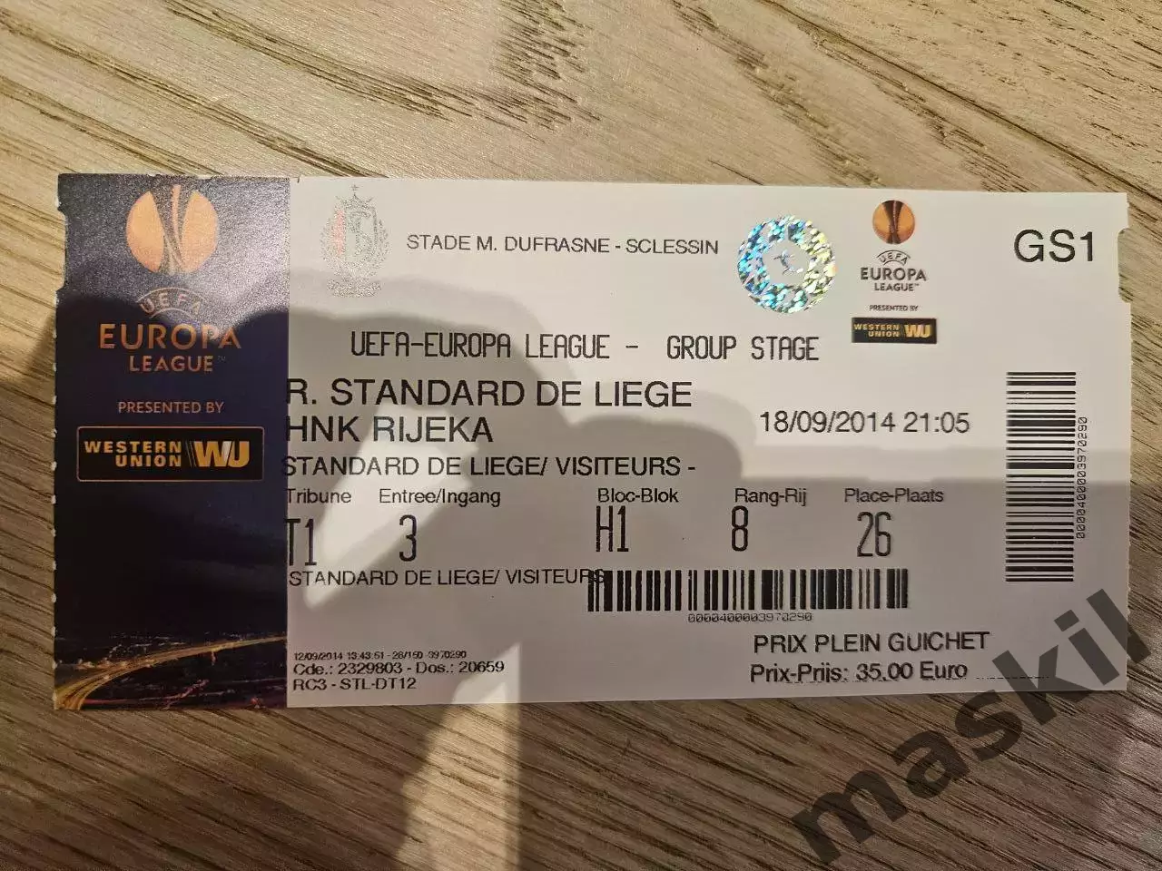 18.09.2014 Стандард Льеж - Риека Билет