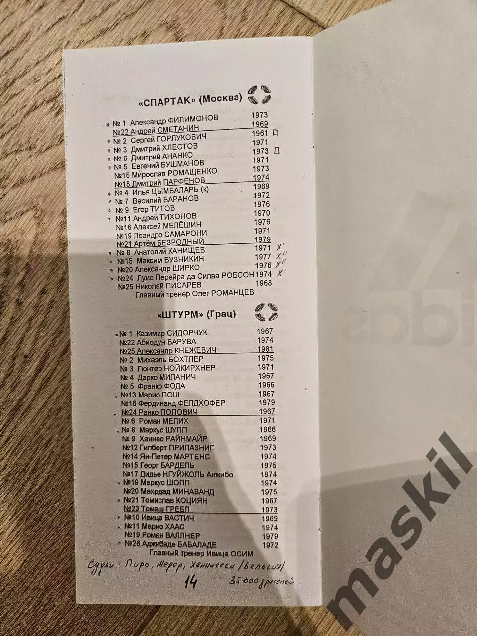 25.11.1998 Спартак Москва - Штурм Грац КБ Спартак Фикс 1