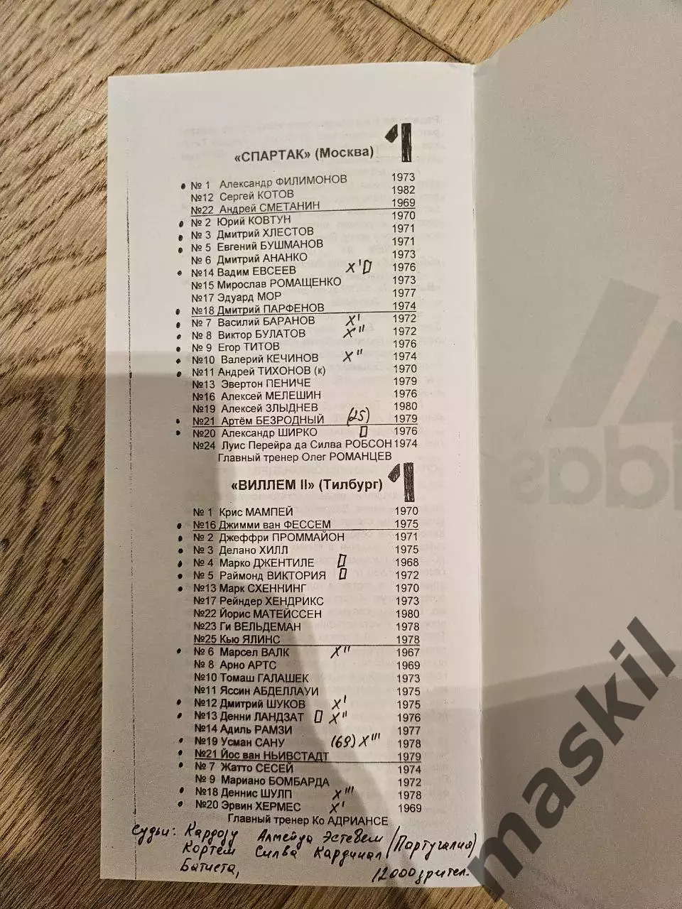 26.10.1999 Спартак Москва - Виллем II Тилбург КБ Спартак Фикс 1