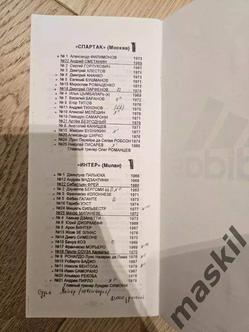 04.11.1998 Спартак Москва - Интернационале Милан КБ Спартак Фикс 1