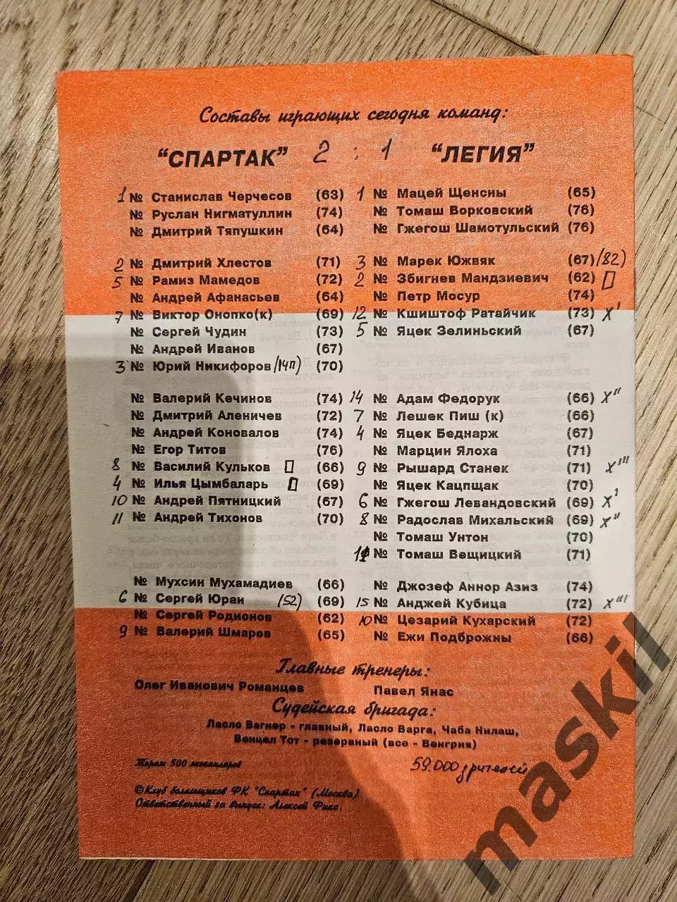 27.09.1995 Спартак Москва - Легия Варшава КБ Спартак Фикс 1