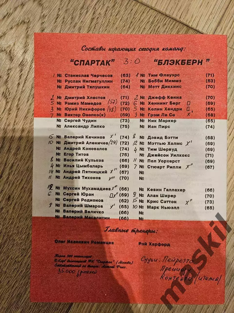 22.11.1995 Спартак Москва - Блэкберн Роверс КБ Спартак Фикс 1