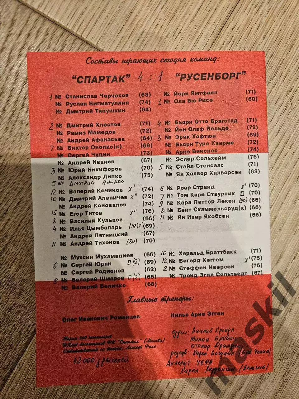 01.11.1995 Спартак Москва - Русенборг Тронхейм КБ Спартак Фикс 1